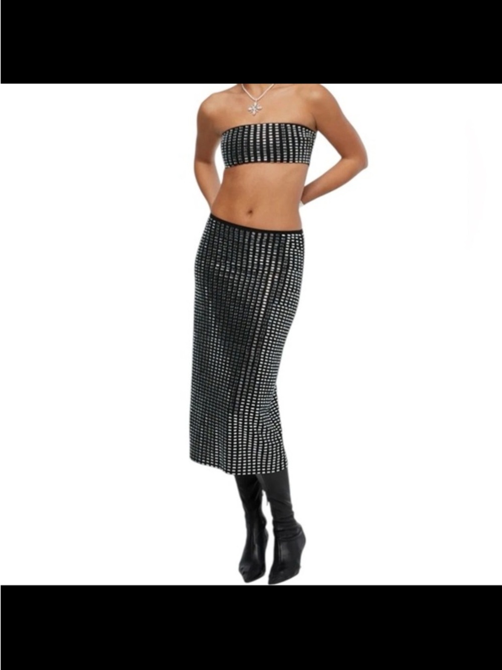 WeWoreWhat Black Studded Grid Midi Skirt